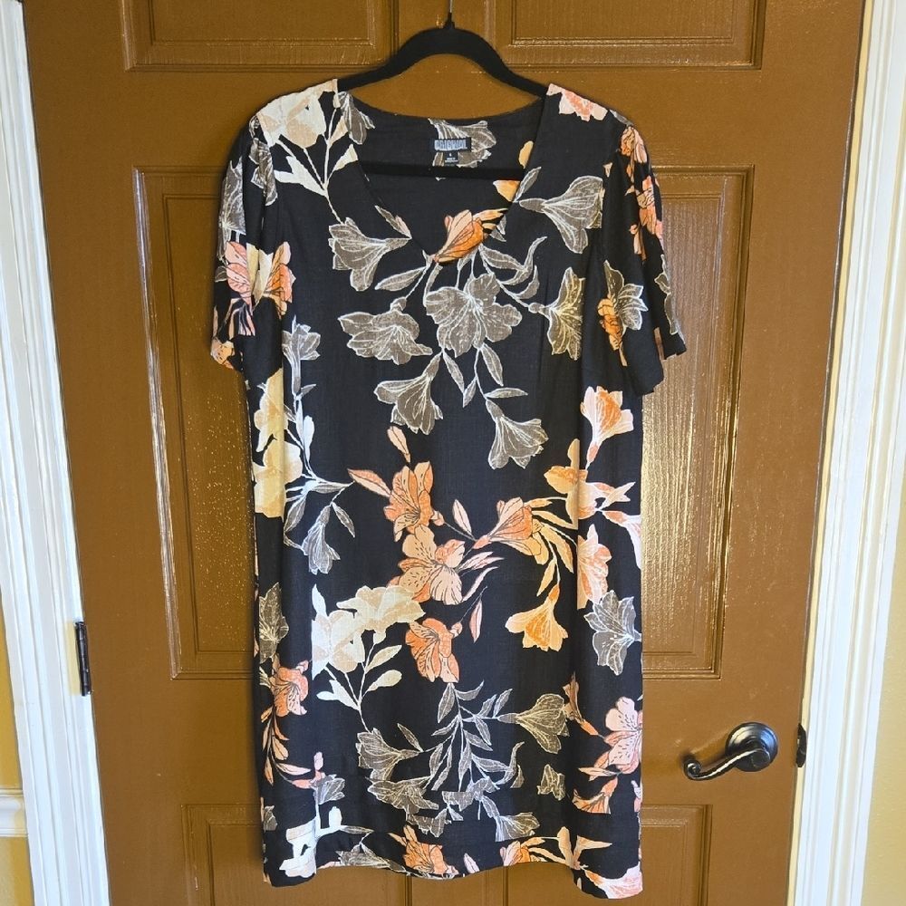 Nicole Miller-Linen blend blk floral print, short sleeved shift dress, Sz L